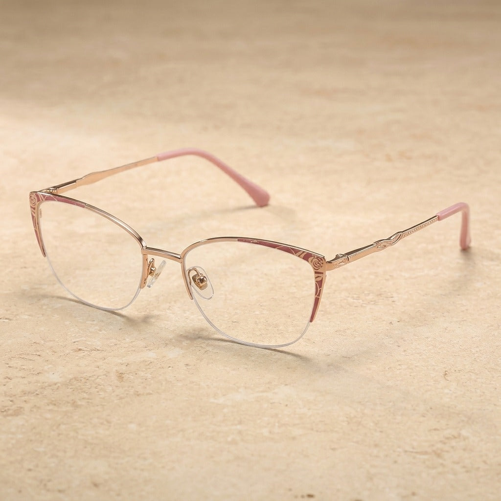 Kansept Women's Semi Rim Cat Eye Alloy Frames 87198-pink gold