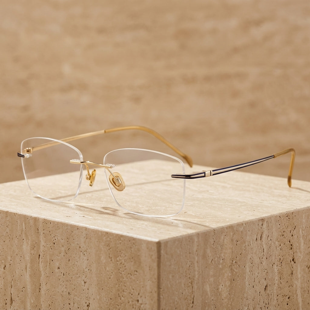 Chashma Ottica Unisex Rimless Square Titanium Eyeglasses 16075 - Gold Blue