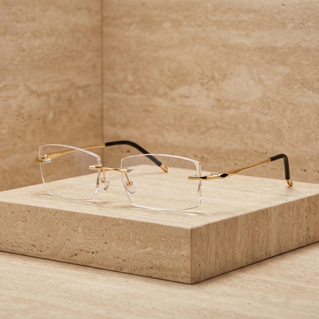 Chashma Ottica Unisex Rimless Square Titanium Diamond Cut Eyeglasses 81937 - Gold with Brown