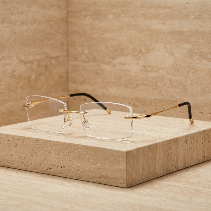 Chashma Ottica Unisex Rimless Square Titanium Diamond Cut Eyeglasses 81937 - Gold with Brown