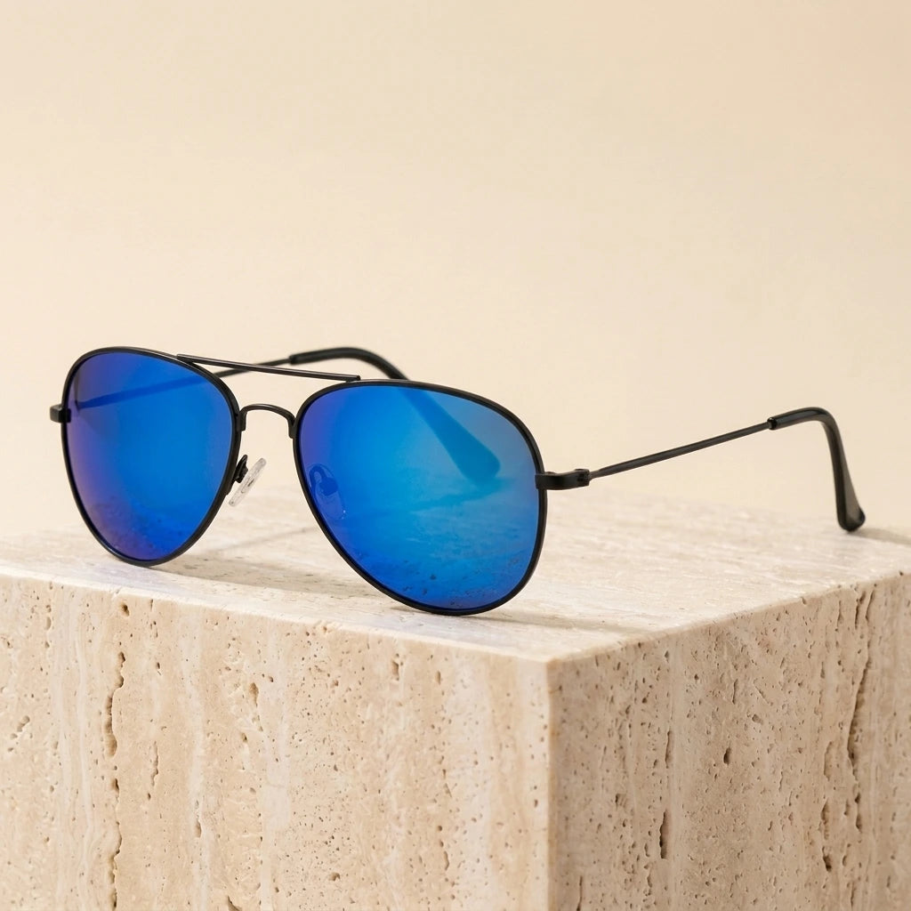Bclear Men's Double Bridge Pilot Alloy Polarized Sunglasses 3026 - Blue Lens - Black Frame