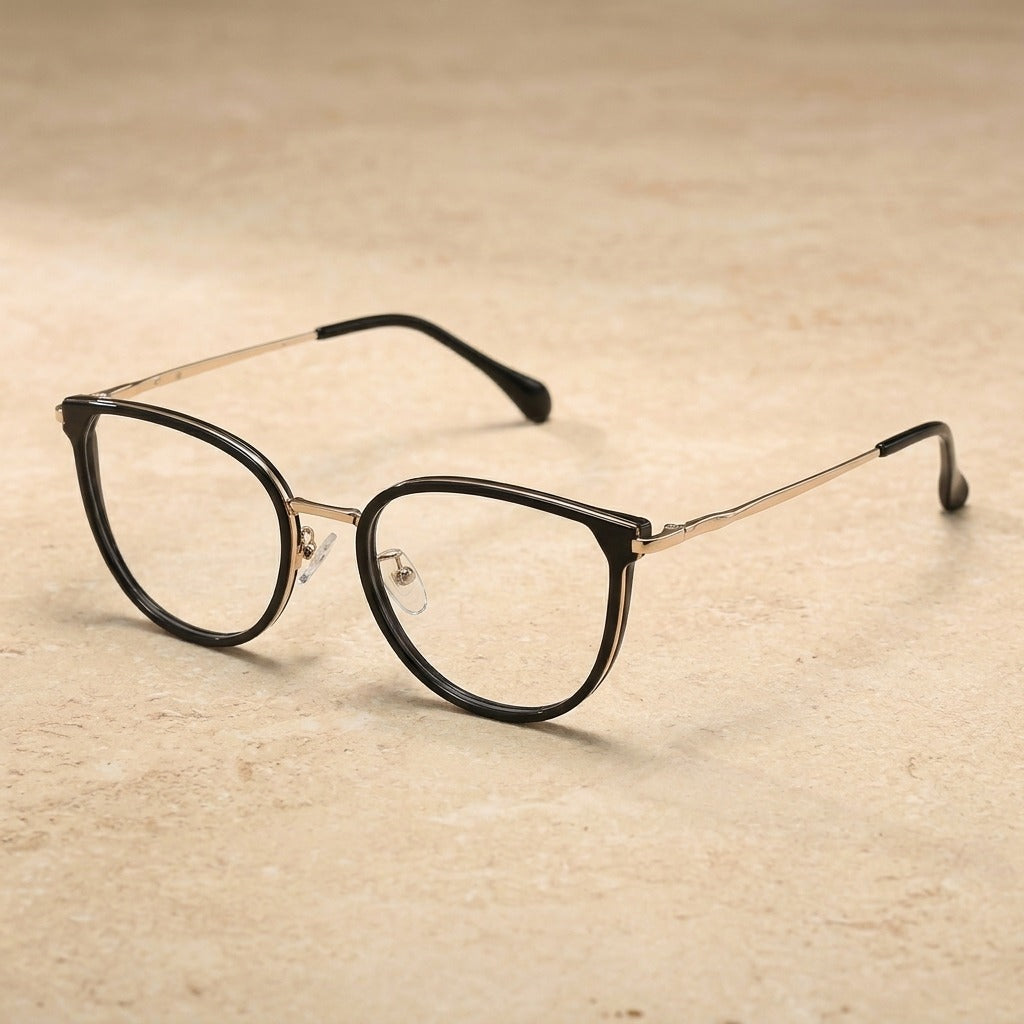 Kansept Women's Full Rim Round Cat Eye Alloy Eyeglasses 68028 C1 Black