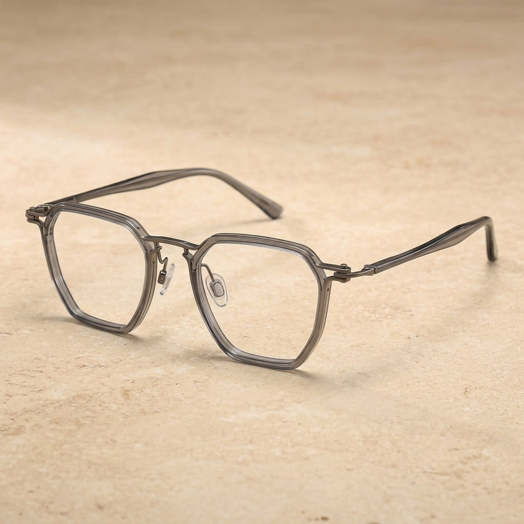 Kansept Unisex Full Rim Big Polygon Acetate Titanium Reading Glasses 475867 M5876C4 CRYSTAL GUN