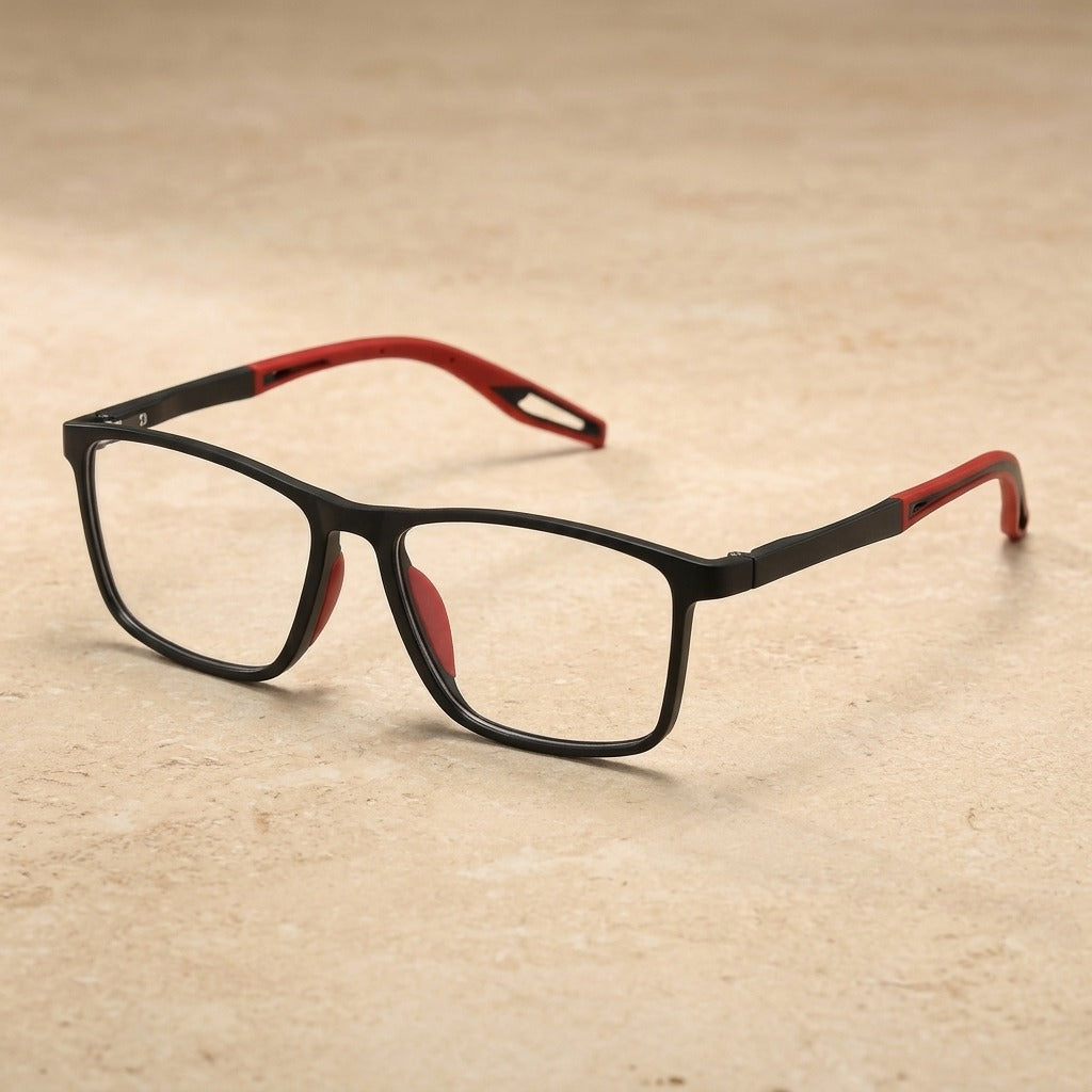 Kansept Unisex Full Rim Rectangle Tr 90 Frames With Clip-On Sunglasses 331000 3310-BLACK RED