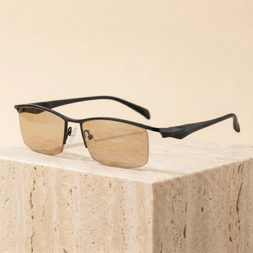 Bclear Men's Half Rim Titanium Alloy Photochromic Eyeglasses P8011 - Auburn Lens - Black Frame
