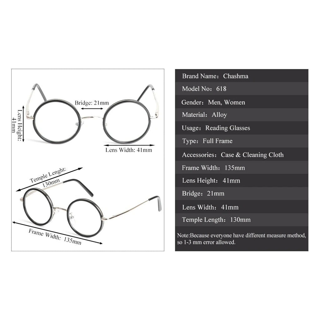 Chashma Ochki Unisex Full Rim Round Alloy Reading Glasses 618 - Official Size Guide