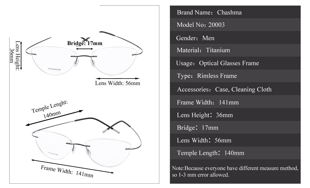 Chashma Ottica Unisex Rimless Triangle Cat Eye Tr 90 Titanium Eyeglasses 20003