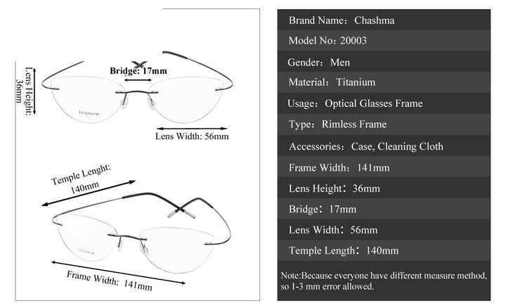 Chashma Ottica Unisex Rimless Triangle Cat Eye Tr 90 Titanium Eyeglasses 20003