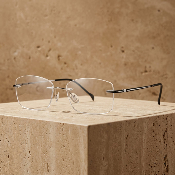 Chashma Ottica Unisex Rimless Square Titanium Eyeglasses 16075 - Silver Black