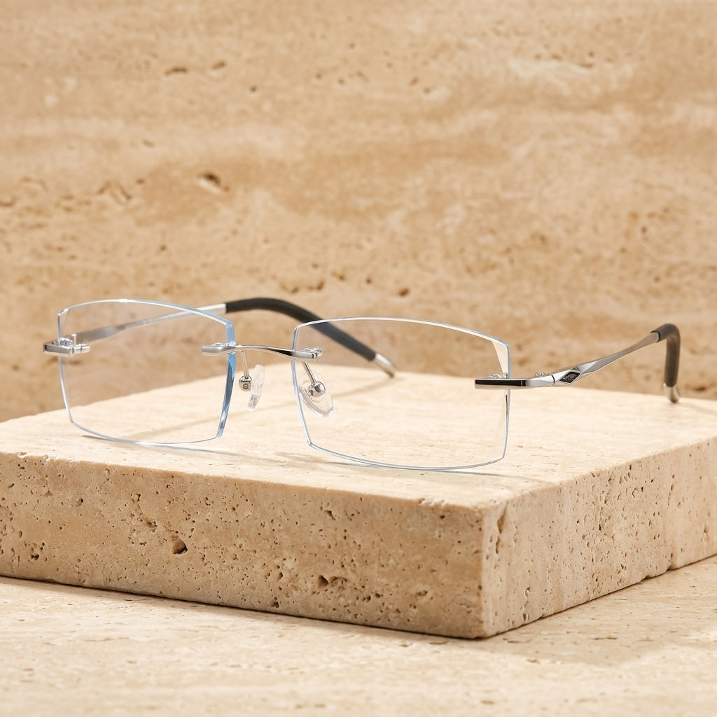 Chashma Ottica Unisex Rimless Square Titanium Diamond Cut Eyeglasses 81937 - Silver with Blue