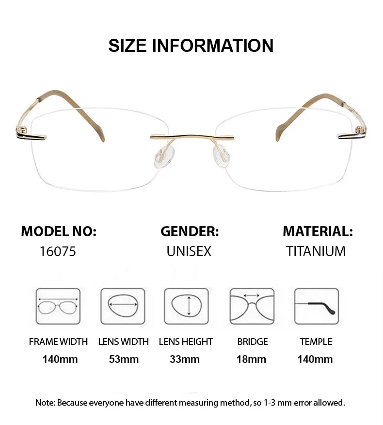 Chashma Ottica Unisex Rimless Square Titanium Eyeglasses 16075 - Size Information