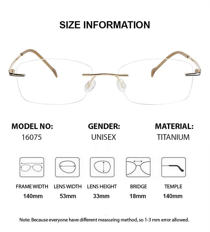 Chashma Ottica Unisex Rimless Square Titanium Eyeglasses 16075 - Size Information