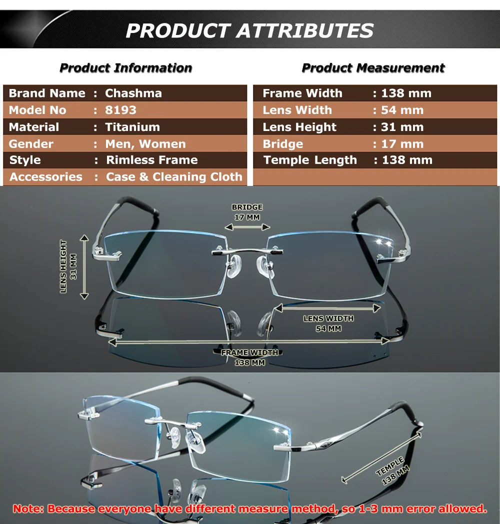 Chashma Ottica Unisex Rimless Square Titanium Diamond Cut Eyeglasses 81937 - Size Information