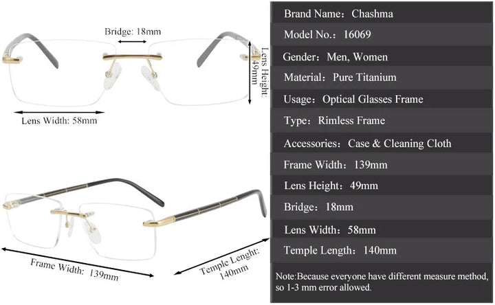 Chashma Ottica Unisex Rimless Square Titanium Eyeglasses 16069 - Size Information