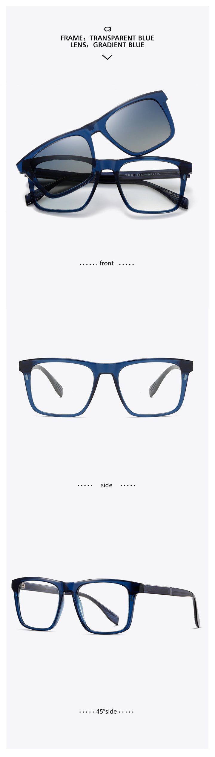 Kansept Unisex Full Rim Square Tr 90 Alloy Reading Glasses Clip On Sunglasses 34202.