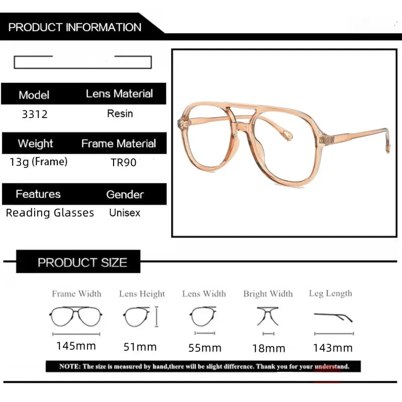 Kocolior Unisex Full Rim Square Double Bridge Tr 90 Reading Glasses 73312 - Size Guide