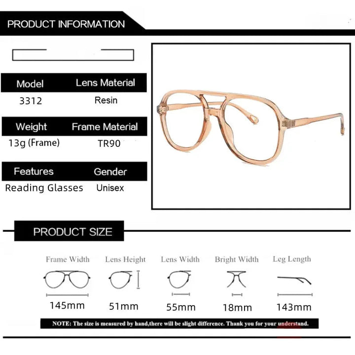 Kocolior Unisex Full Rim Square Double Bridge Tr 90 Reading Glasses 73312 - Size Guide