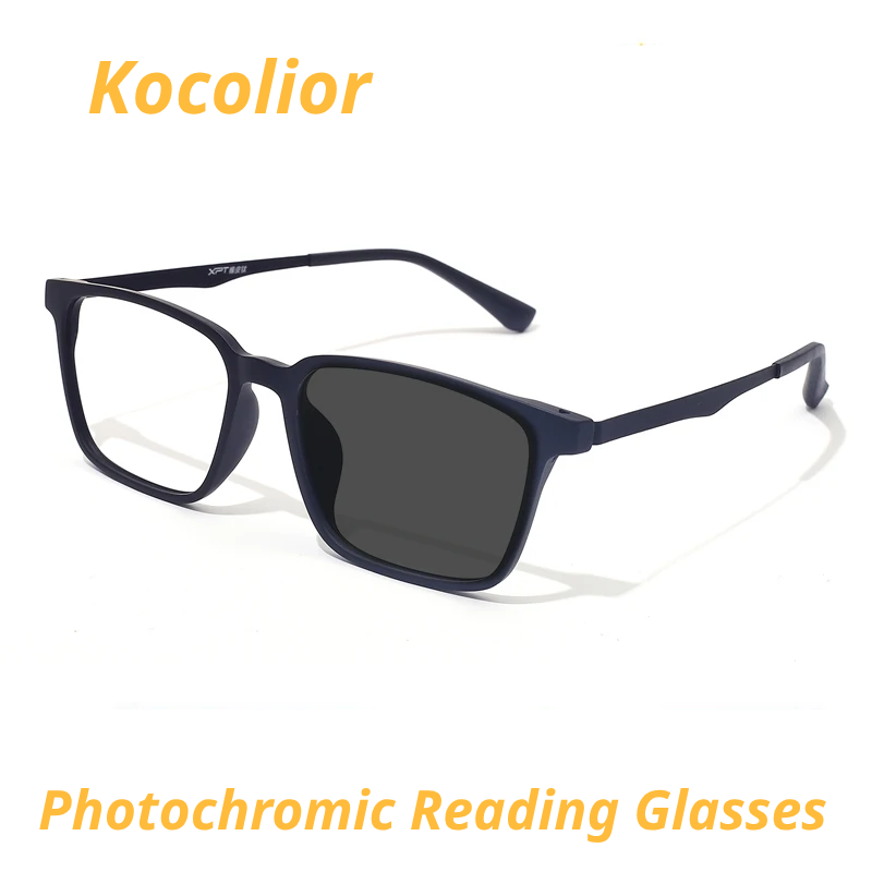 Kocolior Unisex Full Rim Square Rubber Titanium Photochromic Reading Glasses 722009