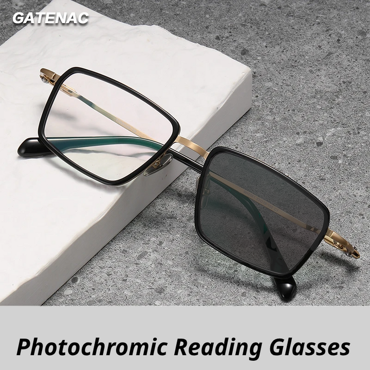 Gatenac Unisex Full Rim Square Titanium Acetate Photochromic Reading Glasses 840061