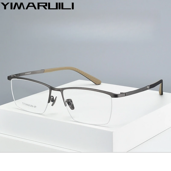 Yimaruili Men's Semi Rim Brow Line Square Titanium Eyeglasses 78103