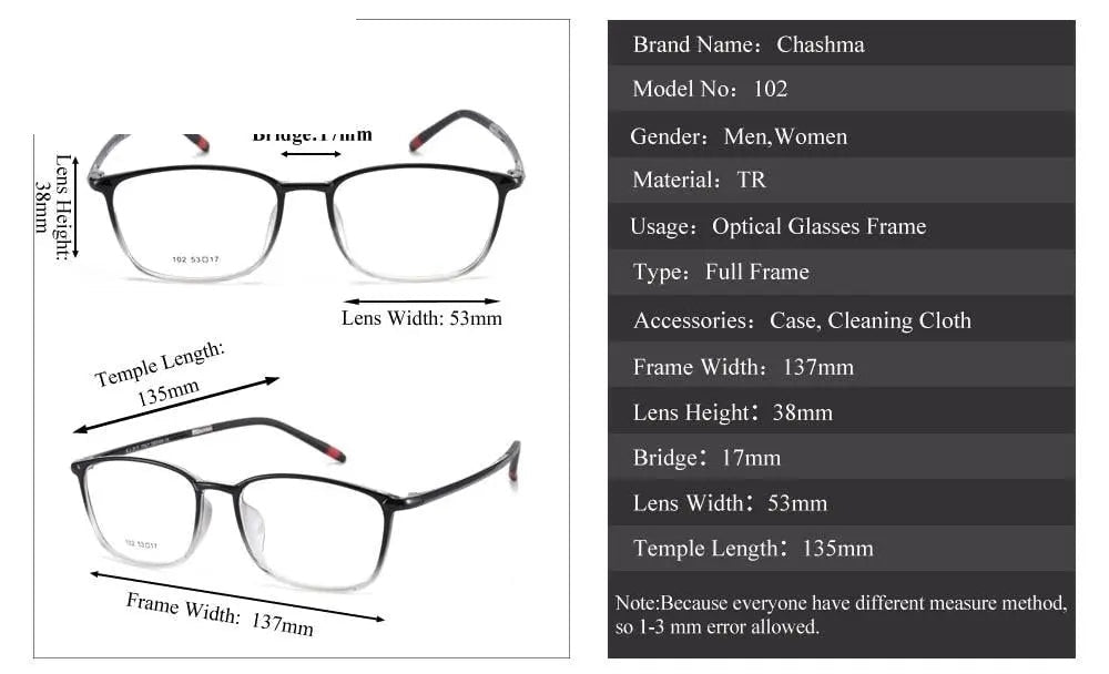Chashma Ottica Unisex Full Rim Small Temple Round Square Tr 90 Titanium Eyeglasses 102