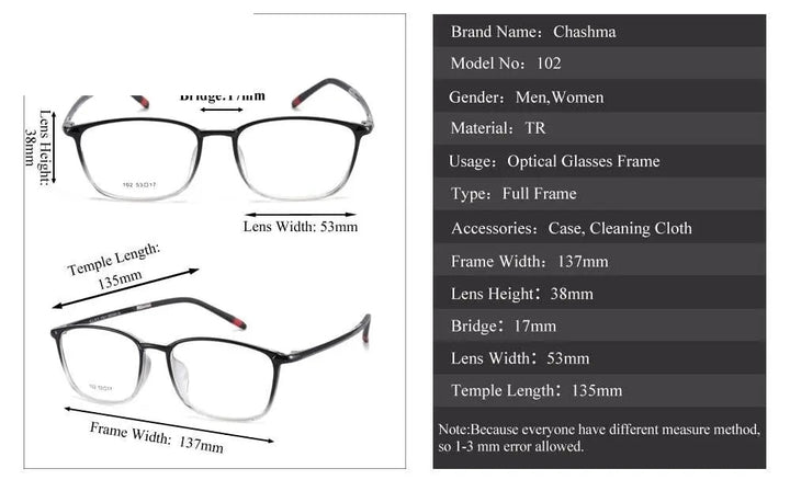 Chashma Ottica Unisex Full Rim Small Temple Round Square Tr 90 Titanium Eyeglasses 102