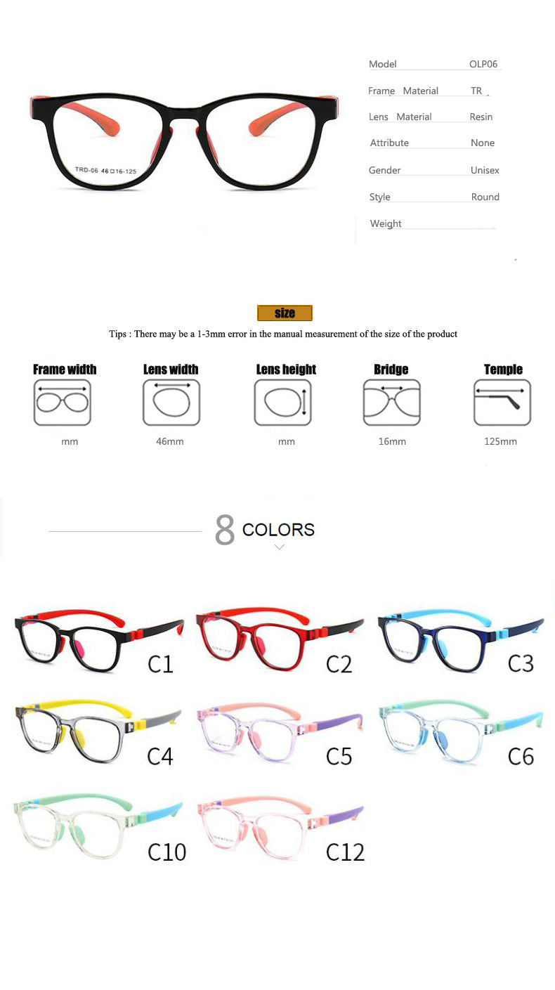 Oveliness Unisex Children's Full Rim Square Round Tr 90 Titanium Eyeglasses Olp06.