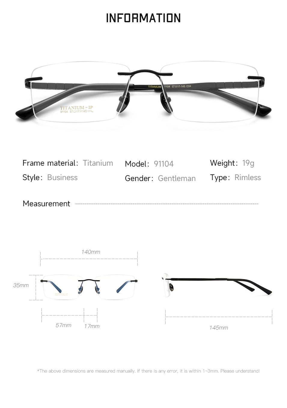 Gmei Men's Rimless Rectangle Titanium Eyeglasses 91104.
