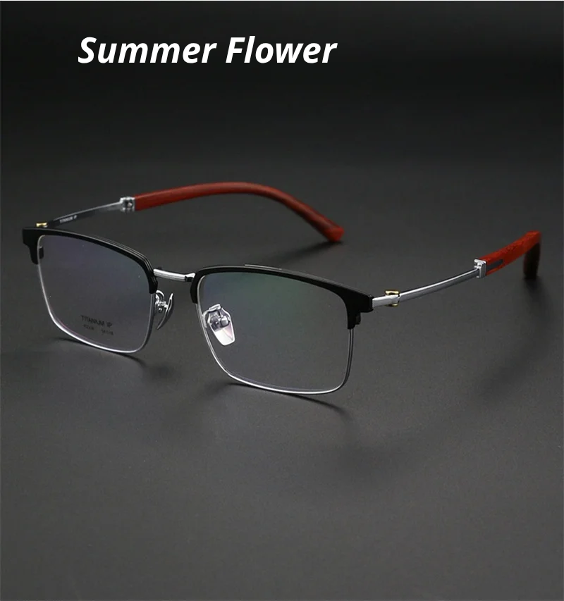 Summer Flower Women's Full Rim Square Titanium Wood Eyeglasses 612336