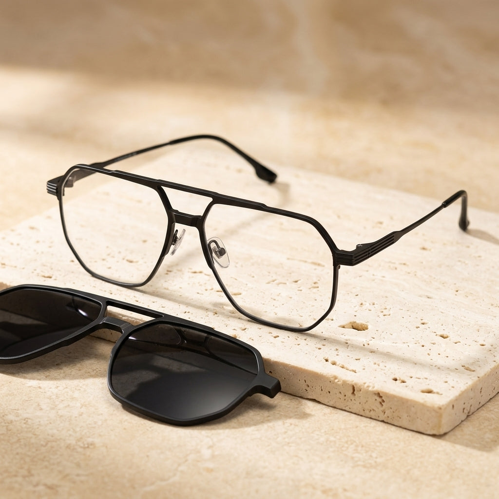 Chashma Ottica Unisex Full Rim Square Double Bridge Eyeglasses Clip On Sunglasses 99064 - Black