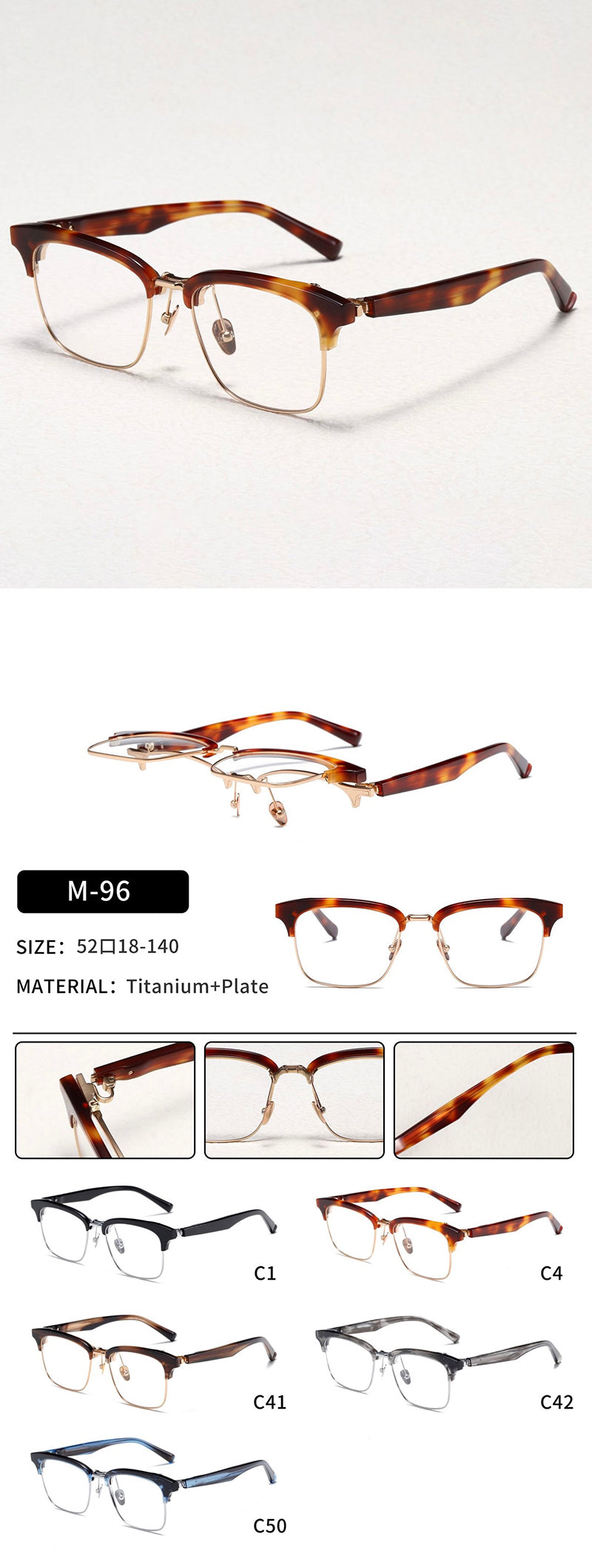 Nobler Unisex Semi Rim Large Square Titanium Acetate Eyeglasses M96 — view 1 | Nobler at FuzWeb