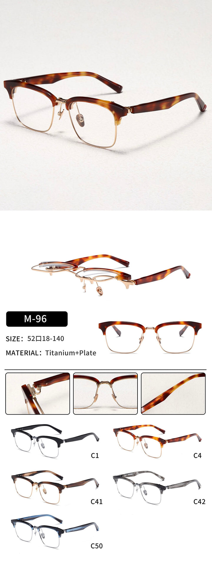 Nobler Unisex Semi Rim Large Square Titanium Acetate Eyeglasses M96 — view 1 | Nobler at FuzWeb