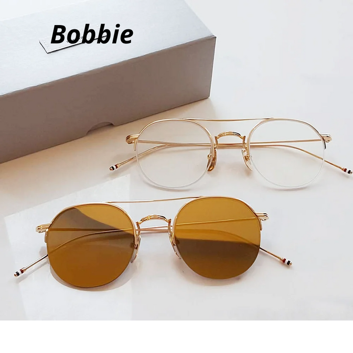 Bobbie Unisex Semi Rim Round Double Bridge Titanium Eyeglasses Clip On Sunglasses 612903