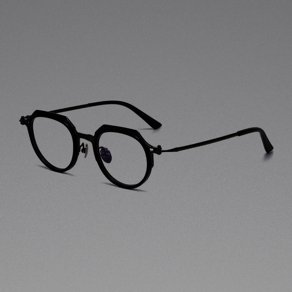 Handmade Vintage Round Glasses Frame Women High Quality Retro Eyeglasses Men Trendy Titanium Acetate Unisex Eyewear Spectacle - Black-Gray