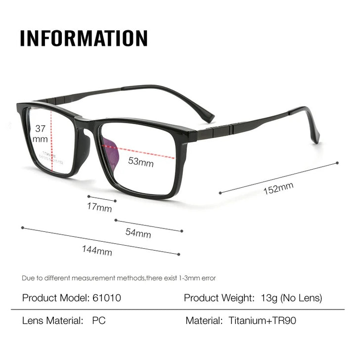 Men Square Sports &amp; Leisure IP Titanium Eye Glasses Frame Myopia Optical Prescription Eyeglasses Handmade TR90 Classic Eyewear - Size Chart