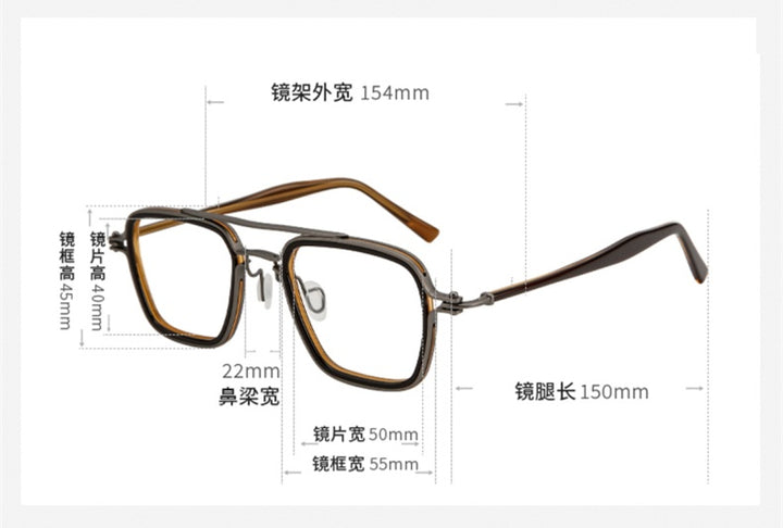 Vintage Titanium Square Oversized Glasses Frame Men Top Quality Trendy Full Rim Eyeglasses Women Handmade Retro Stylish Eyewear - Size Chart