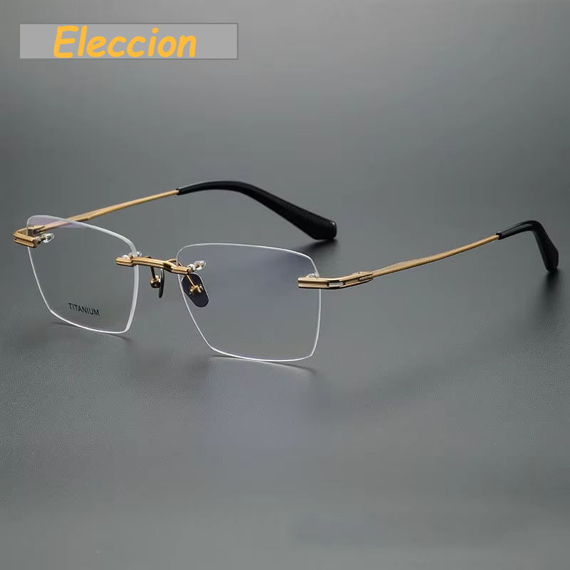 Eleccion Men's Rimless Square Polygon Titanium Eyeglasses 480957 Rimless Eleccion Gold