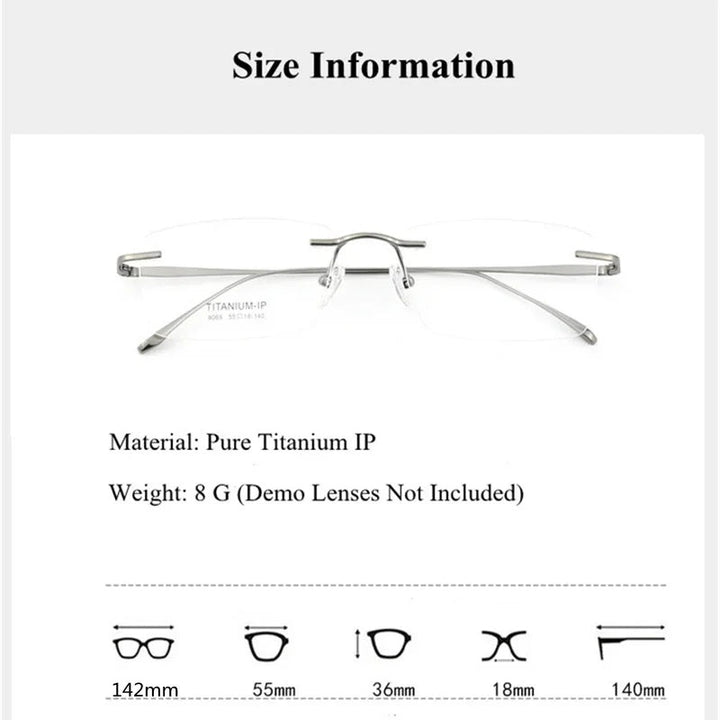 Chashma Ottica Unisex Rimless Square Titanium Eyeglasses 409069 - Size Chart