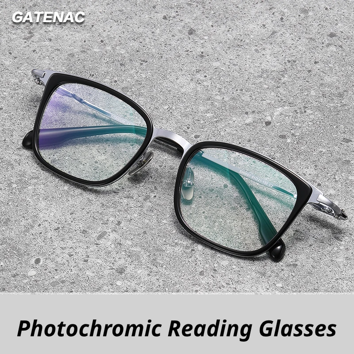 Gatenac Unisex Full Rim Big Square Titanium Acetate Photochromic Reading Glasses 280057