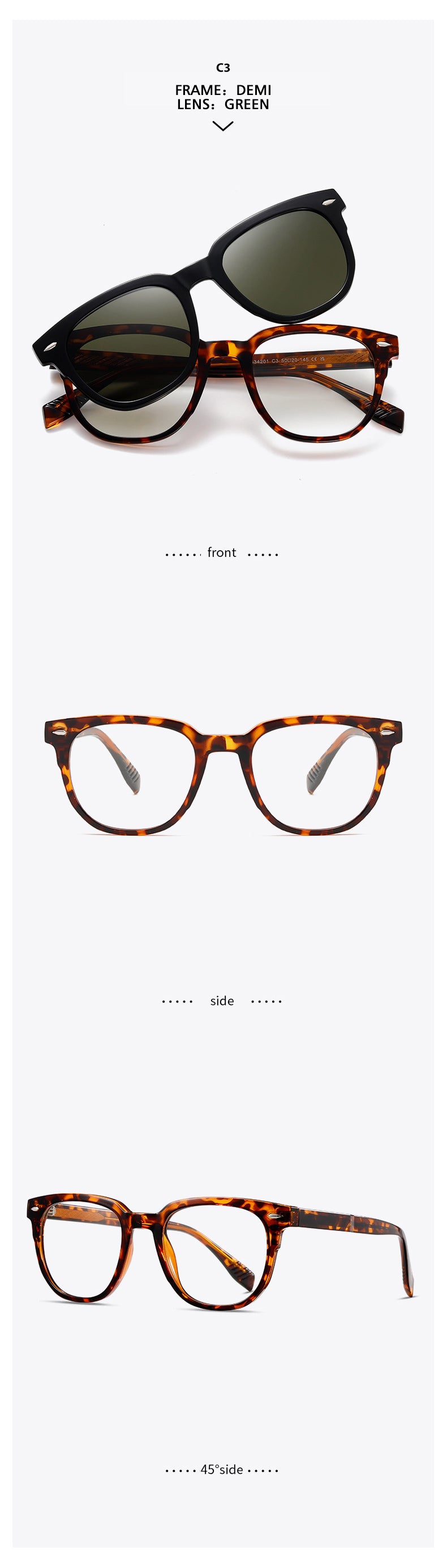 Kansept Unisex Full Rim Square Tr 90 Alloy Reading Glasses Clip On Sunglasses 34201.