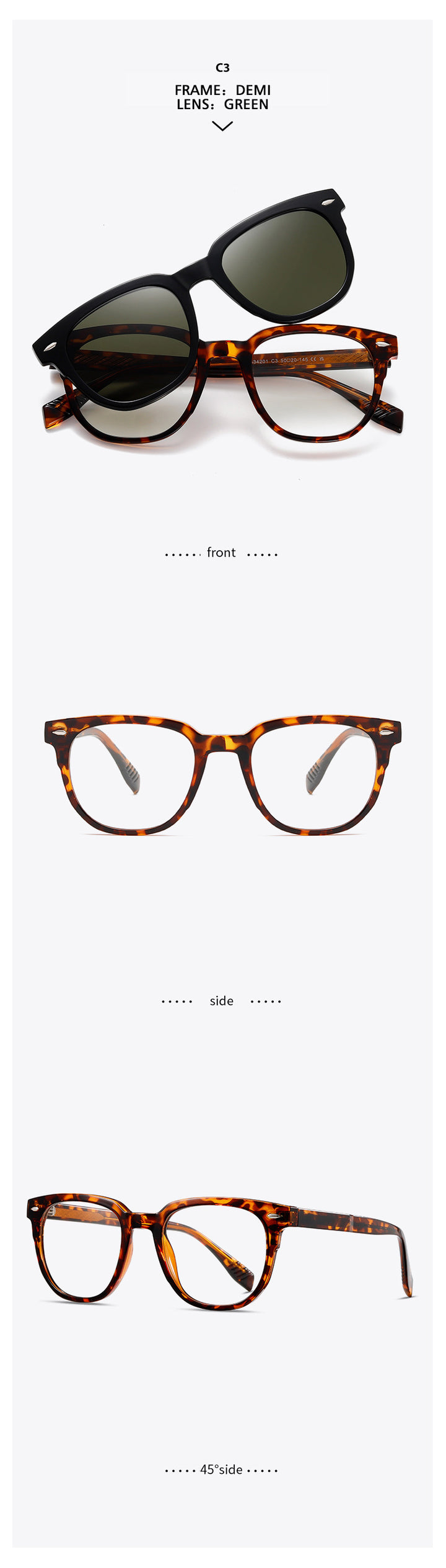 Kansept Unisex Full Rim Square Tr 90 Alloy Reading Glasses Clip On Sunglasses 34201.