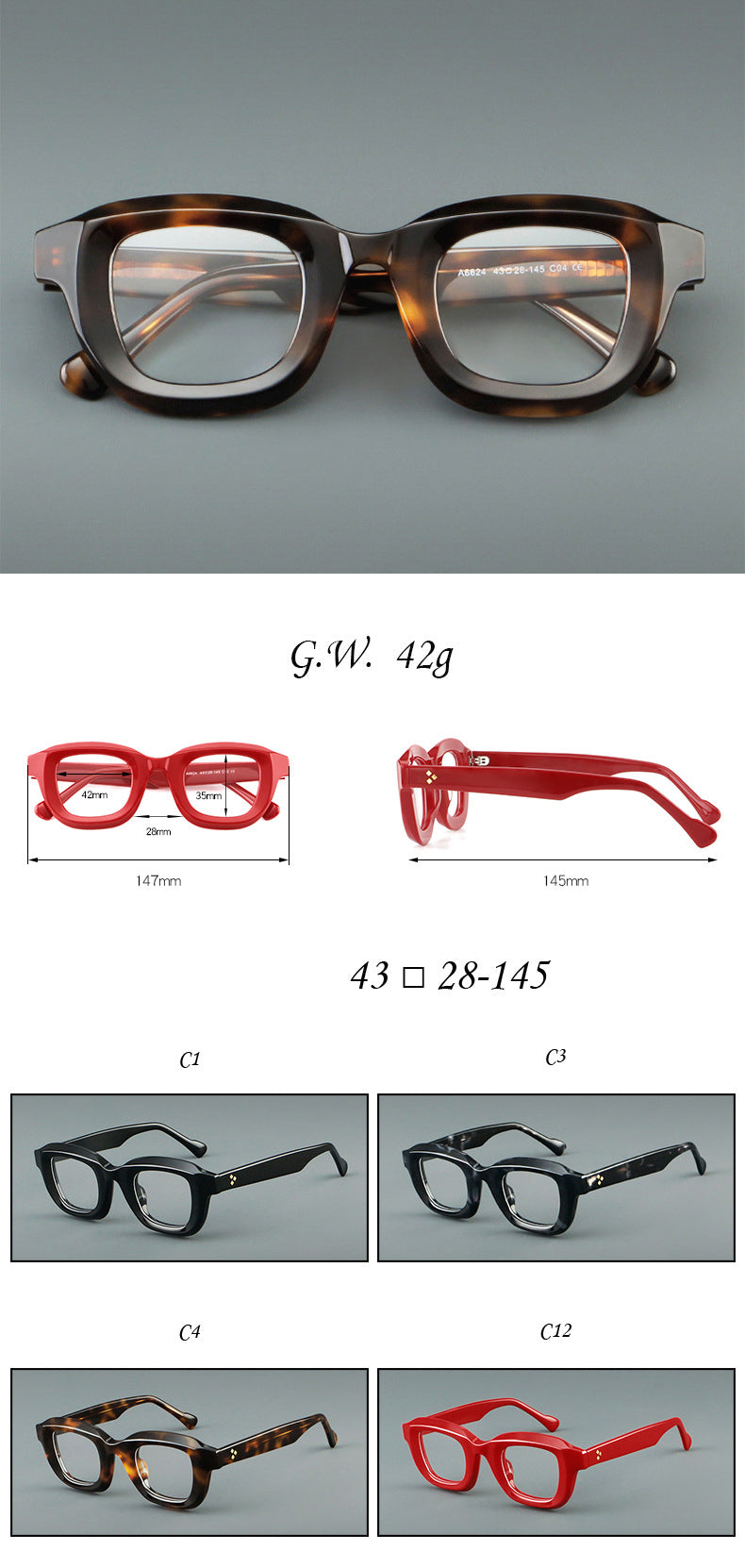 CCspace Unisex Full Rim Thick Square Tr 90 Alloy Reading Glasses 3212.