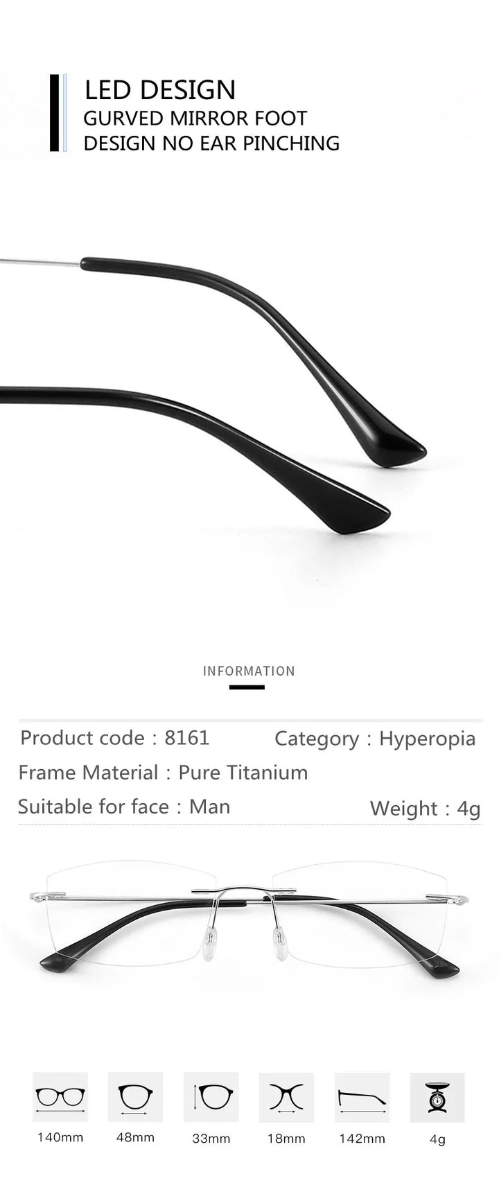 Kocolior Unisex Rimless Square Titanium Hyperopic Reading Glasses 8161 — view 14 | Kocolior at FuzWeb
