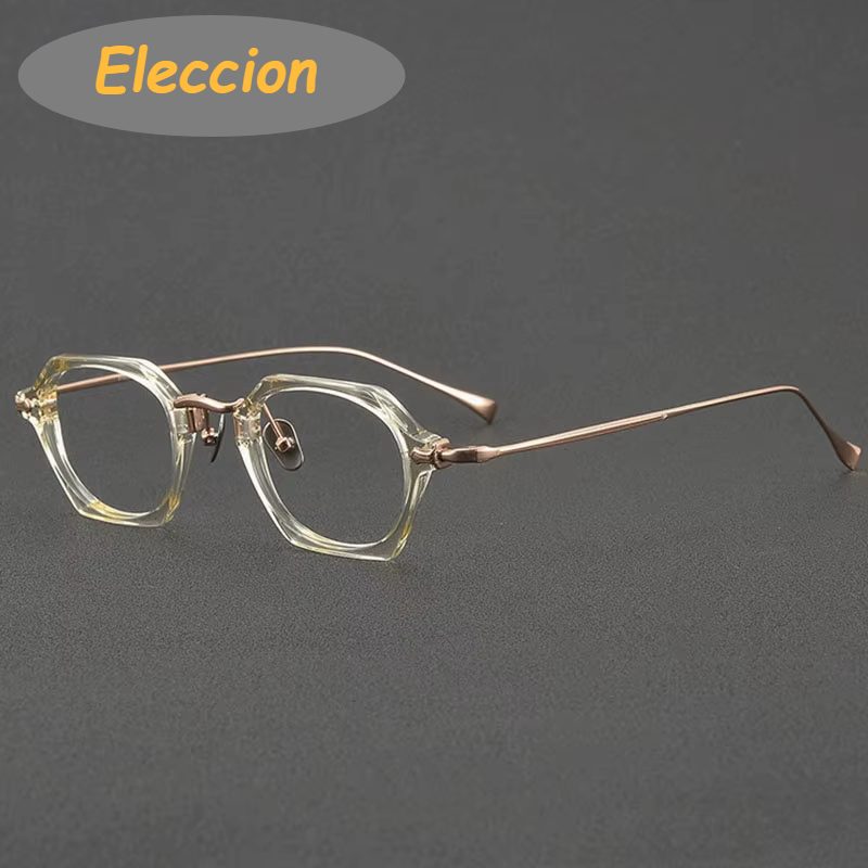 Eleccion Unisex Full Rim Polygon Acetate Titanium Eyeglasses 945502 Full Rim Eleccion Light Yellow