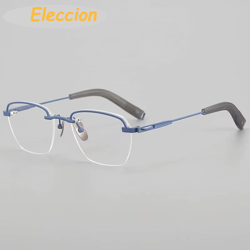 Eleccion Unisex Rimless Flat Top Polygon Titanium Eyeglasses 94423 Rimless Eleccion Blue