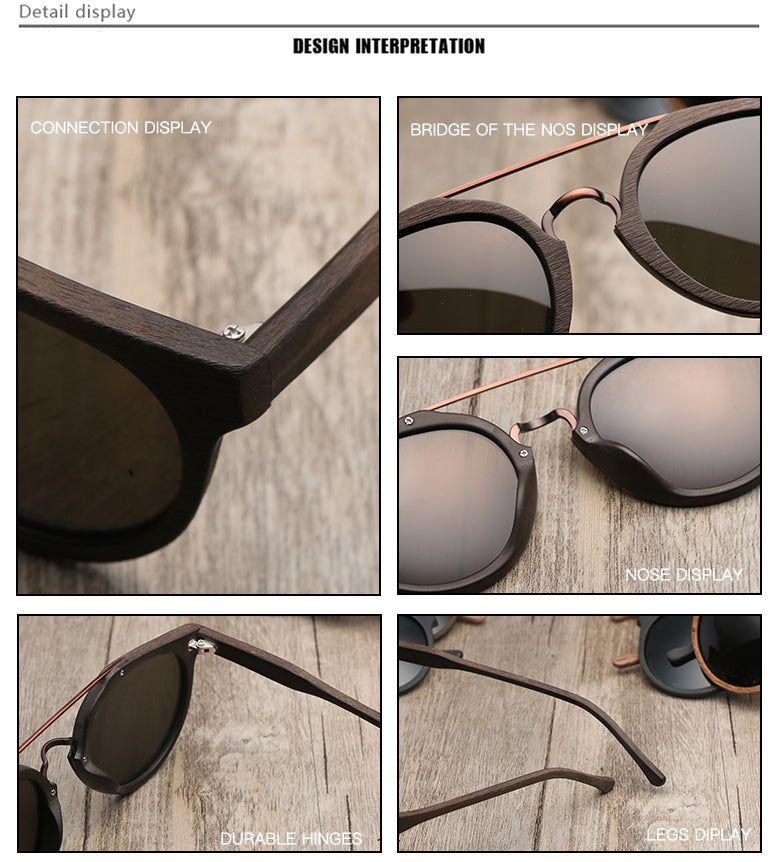 Hdcrafter Unisex Full Rim Round Wood Metal Frame Polarized Sunglasses Lhb023.