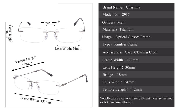 Chashma Ottica Unisex Rimless Square Titanium Eyeglasses 2935