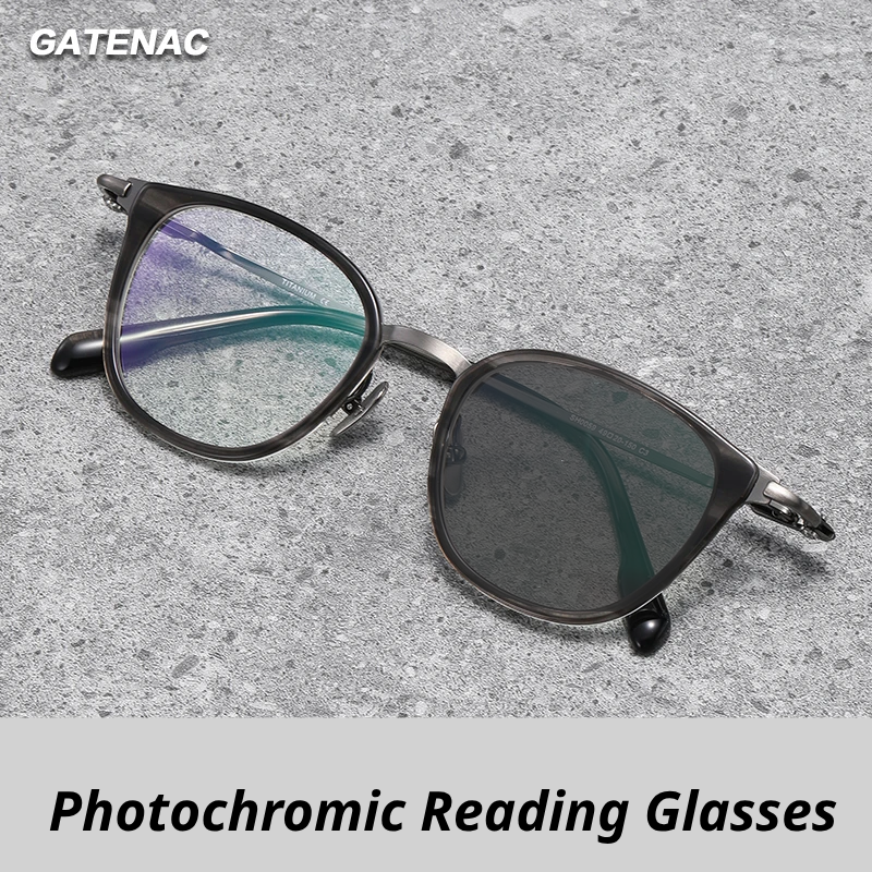 Gatenac Unisex Full Rim Big Square Titanium Photochromic Reading Glasses 840059