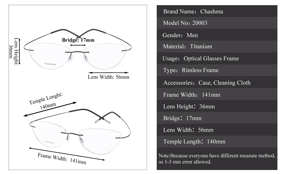 Chashma Ottica Unisex Rimless Cat Eye Titanium Eyeglasses 720003 — view 2 | Chashma Ottica at FuzWeb