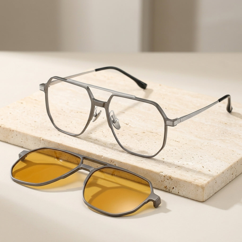 Chashma Ottica Unisex Full Rim Square Double Bridge Eyeglasses Clip On Sunglasses 99064 - Gray Silver